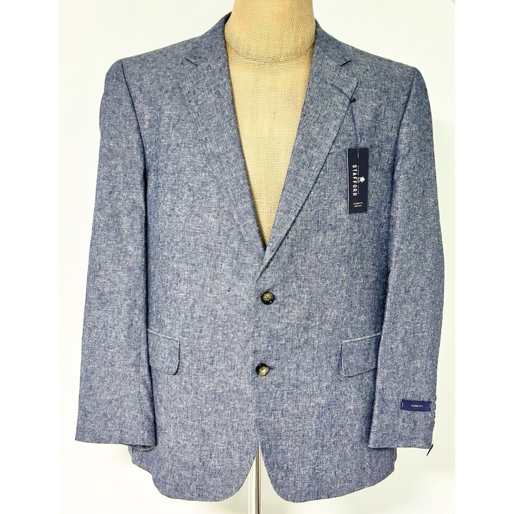 Stafford Blazer 46R Classic Fit Blue Sport Coat Linen Cotton Chambray Jacket